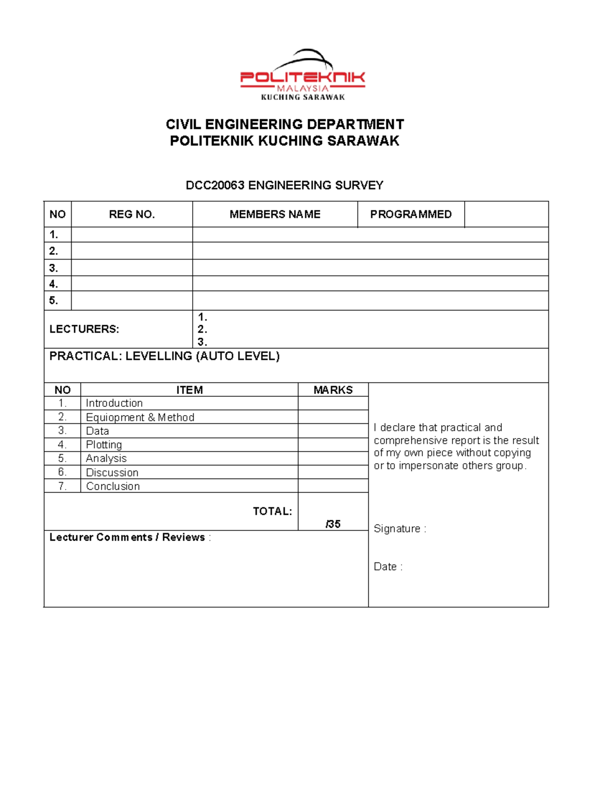 Cover Report DC2006 3 levelling - CIVIL ENGINEERING DEPARTMENT ...