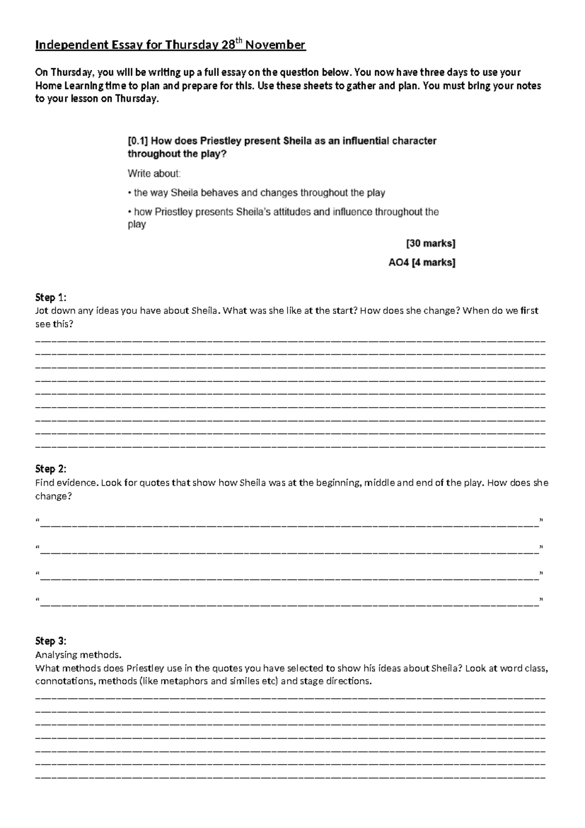 AIC Sheila write up help sheet - Independent Essay for Thursday 28 th ...