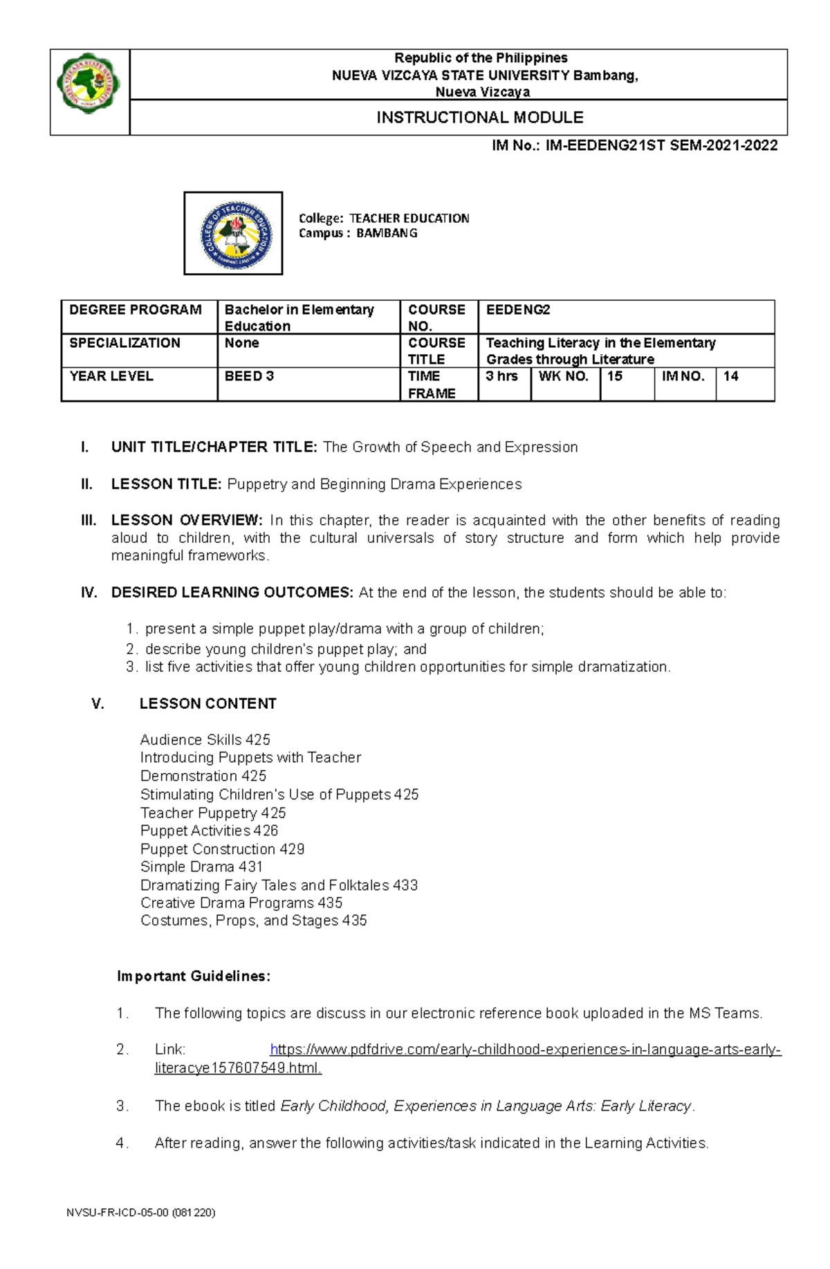 Module 14 - literacy - IM No.: IM-EEDENG21ST SEM-2021- DEGREE PROGRAM ...