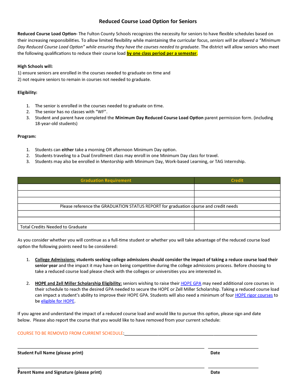 Reduced Course Load Senior Letter 1 Reduced Course Load Option for