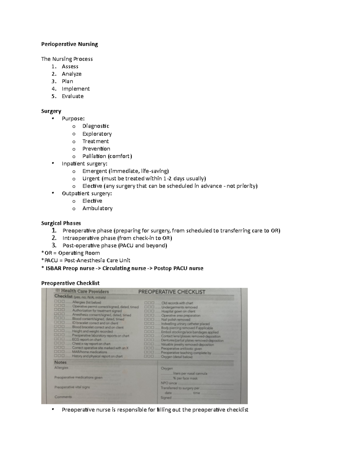 Week 1 broken down - Summary Med Surge 1 - Periopera(ve Nursing The ...