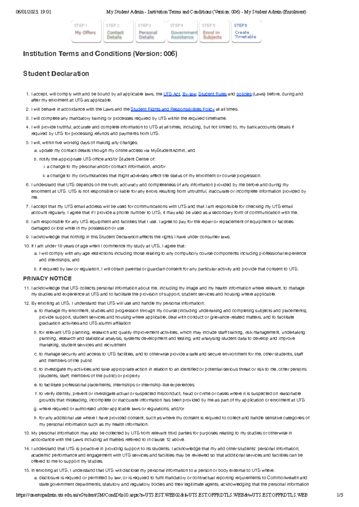 My Student Admin Institution Terms and Conditions (Version 006) My Student Admin (Enrolment