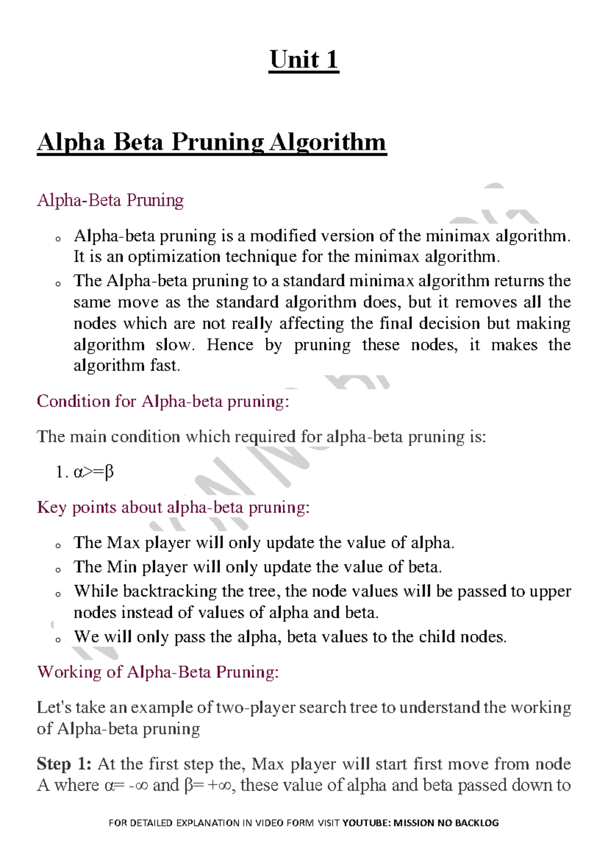 Unit 1 Notes AI - Unit 1 Alpha Beta Pruning Algorithm Alpha-Beta ...