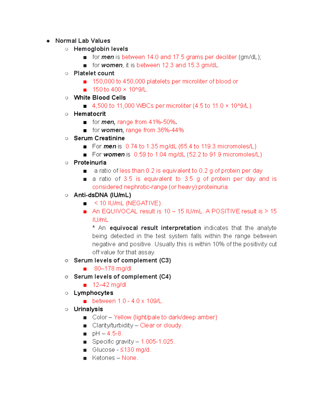 Normal Lab Values Lab Tests SLE Final - Normal Lab Values Hemoglobin ...