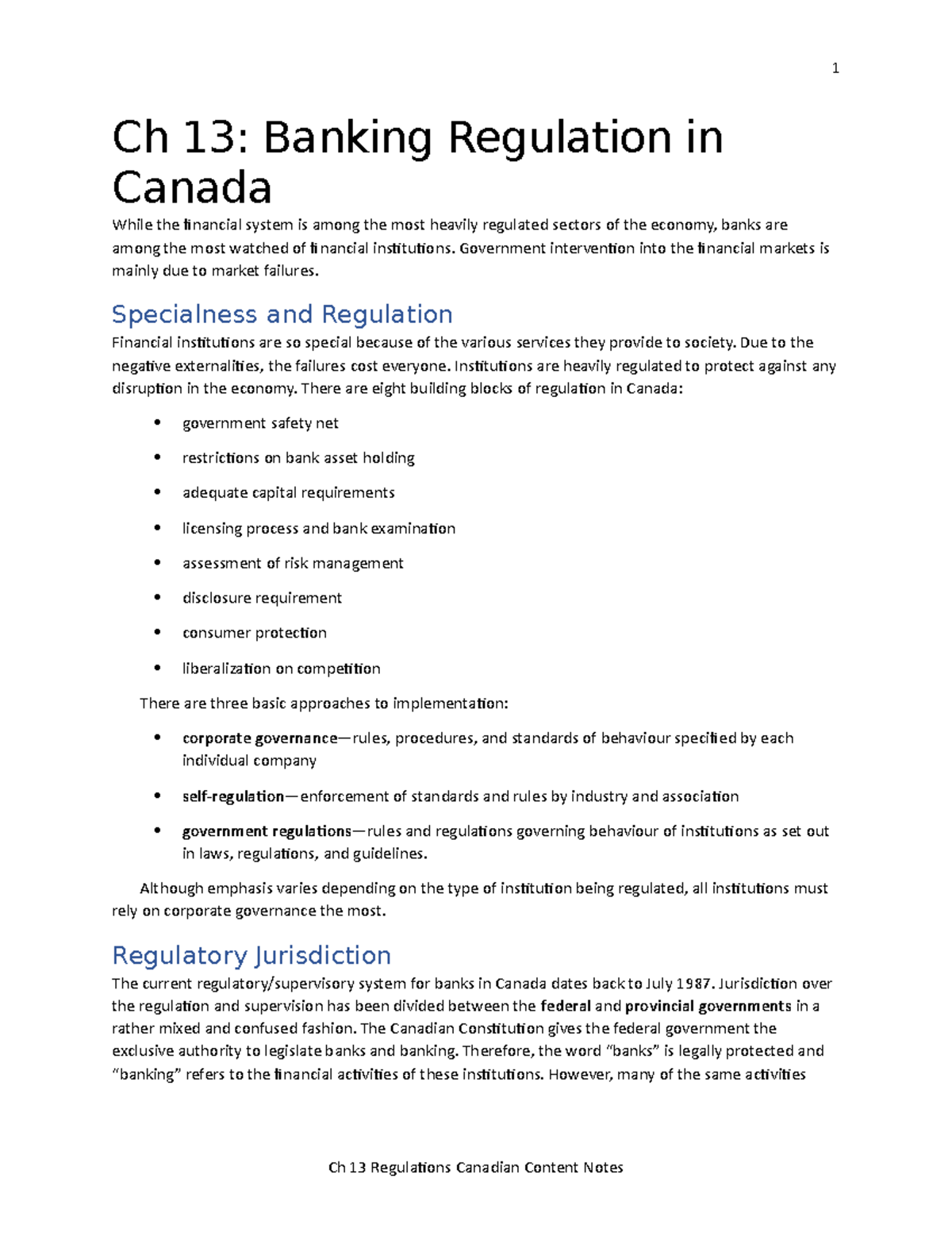 Ch 13 Regulation Canadian Content Notes Ch 13 Banking Regulation in