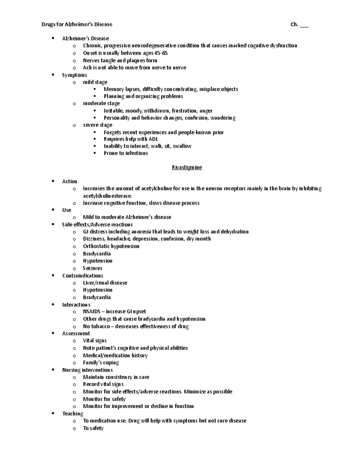 Pharm unit 5 - Drugs for Alzheimer’s Disease Ch. ___ Alzheimer’s ...