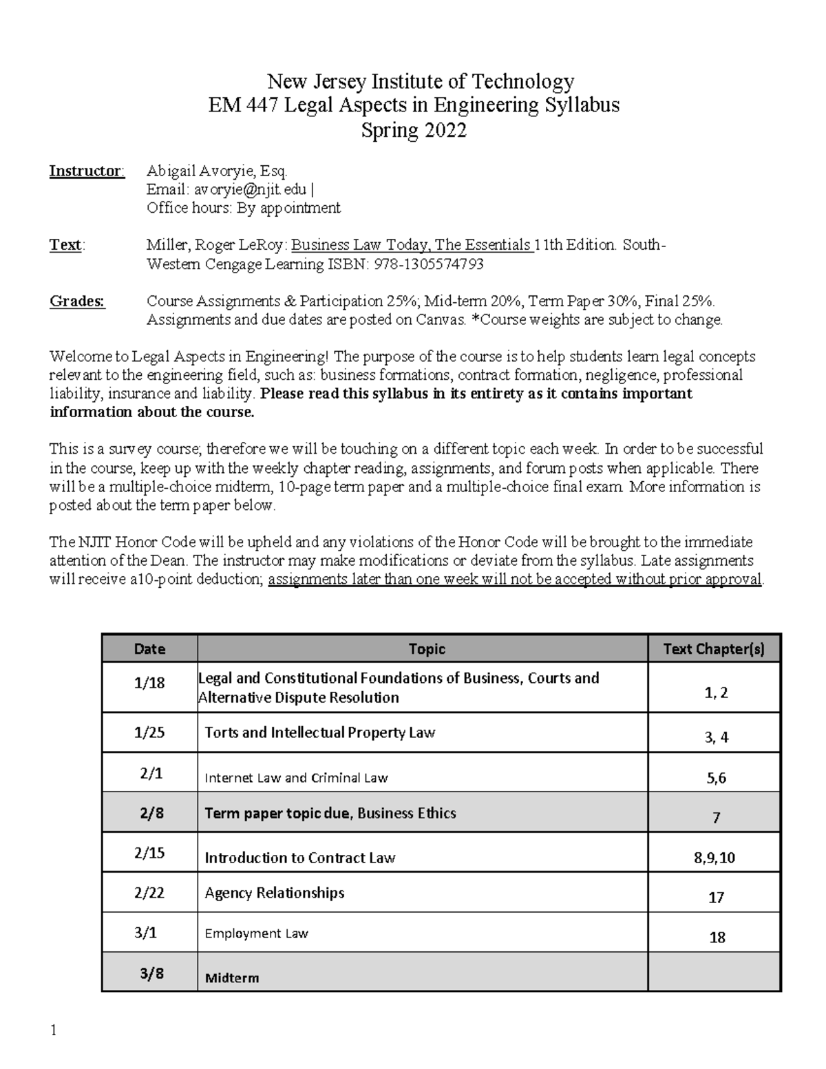 Syllabus - New Jersey Institute Of Technology EM 447 Legal Aspects In ...