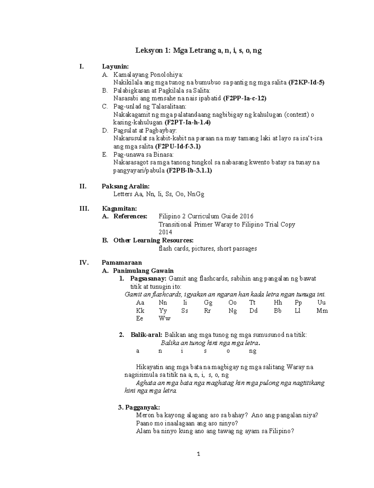 TG Bridging Waray Primer2 Final Leksyon 1 Mga Letrang a, n, i