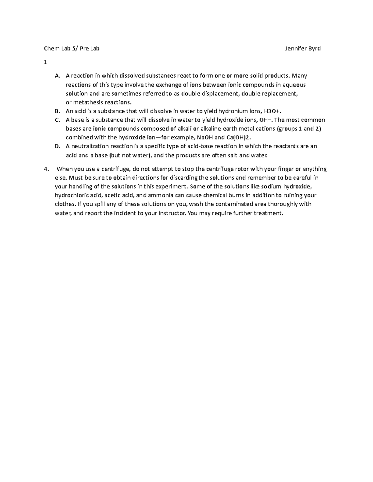 Chem Lab 5 prelab for lab 5 Chem Lab 5/ Pre Lab Jennifer Byrd 1 A