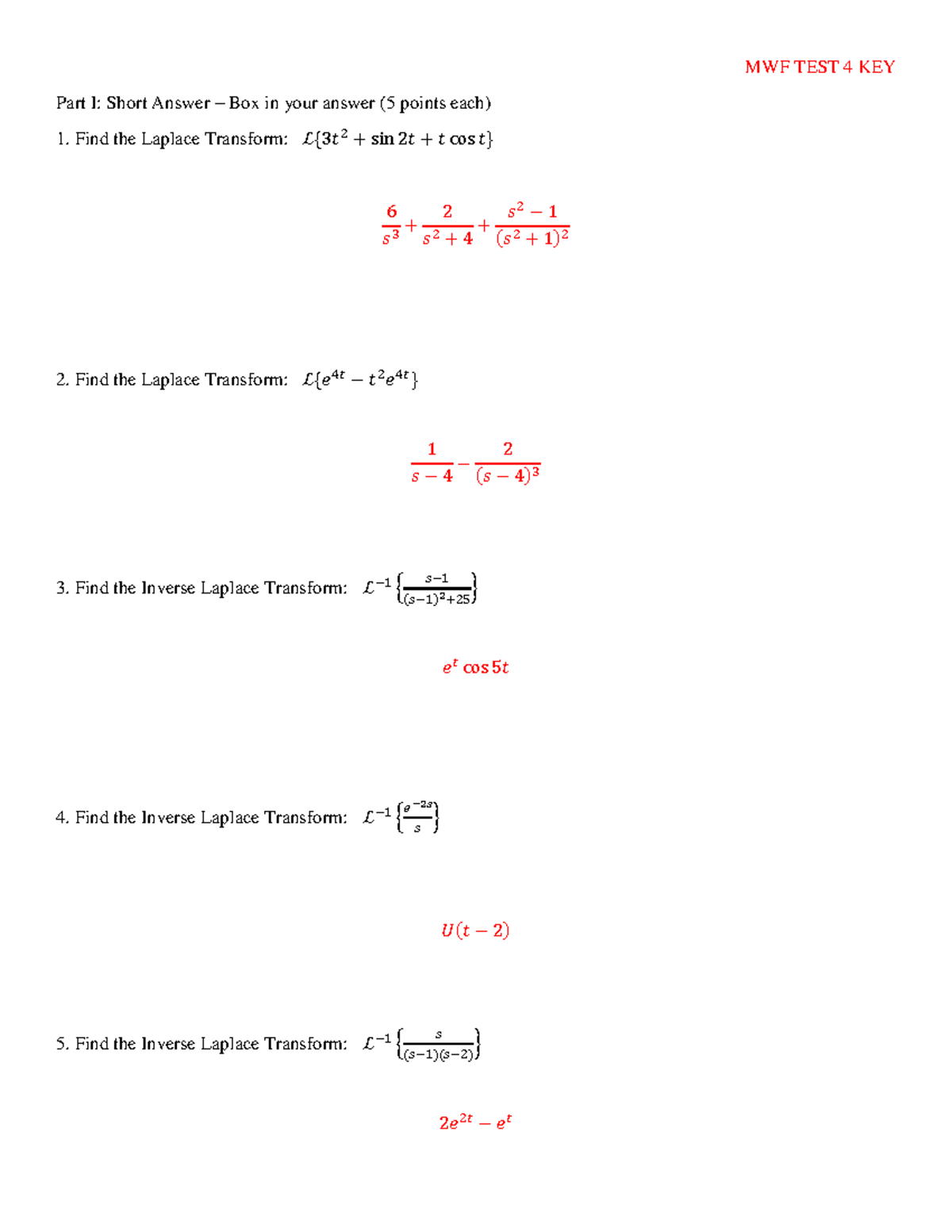 Exam 4 - Exam 4 - MWF TEST 4 KEY Part I: Short Answer – Box in your ...