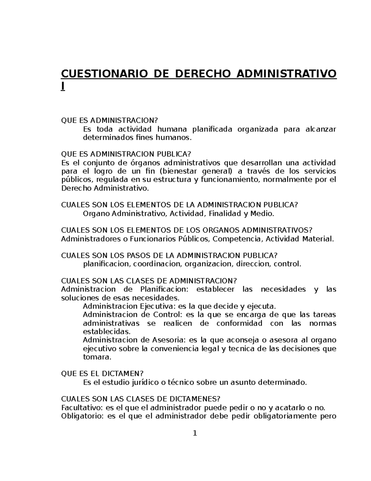 Cuestionario De Derecho Administrativo 1 - CUESTIONARIO DE DERECHO ...