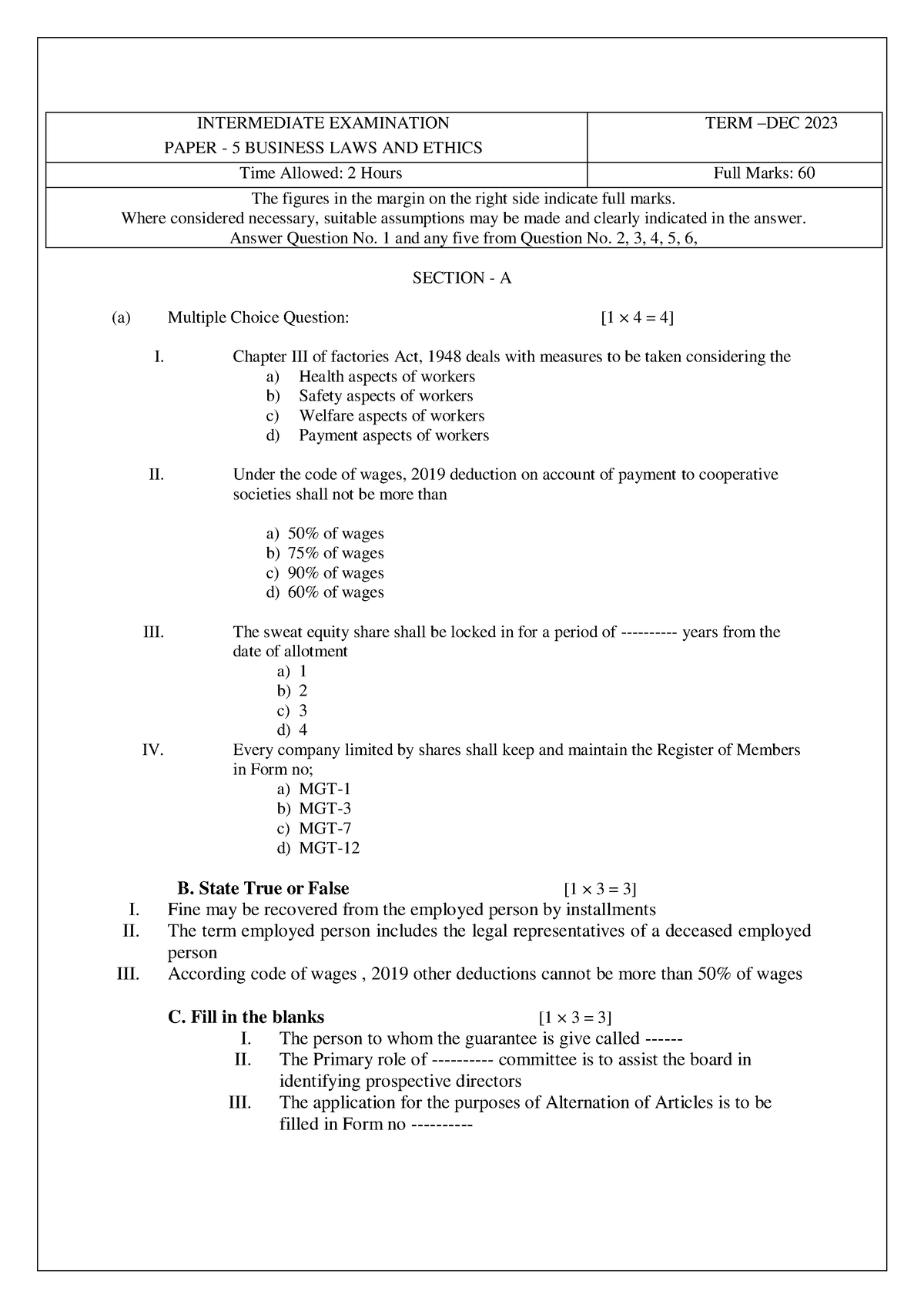 MCQ BL Monday TEST - Notes - INTERMEDIATE EXAMINATION PAPER - 5 ...