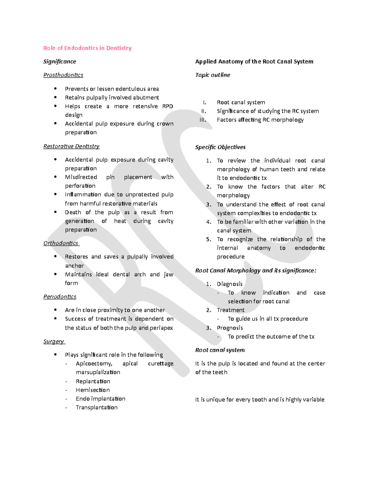 Endodontics Role of Endodontics in Dentistry and Applied Anatomy of