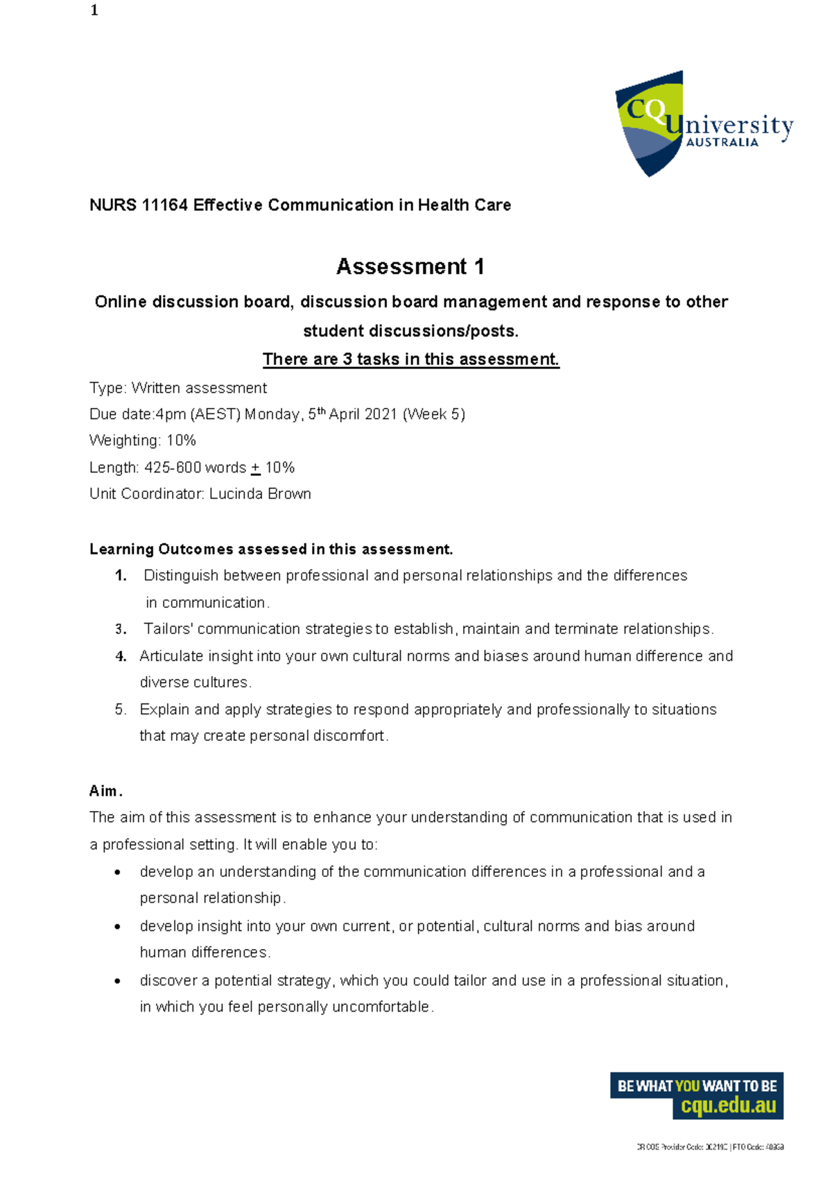 Assessment ONE Guide Requirements - NURS21164 - CQU - Studocu