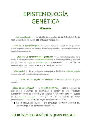 Epistemolog a Gen tica Resumen EPISTEMOLOG A GEN TICA Resumen