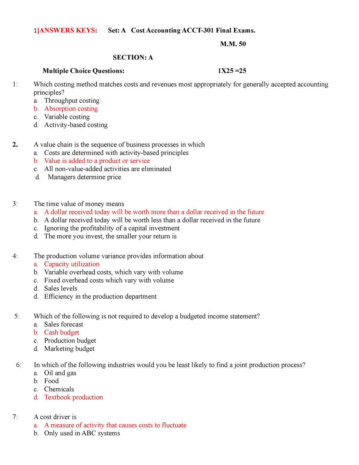 Final Paper ACCT301 - 1 ]ANSWERS KEYS: Set: A Cost Accounting ACCT-301 ...