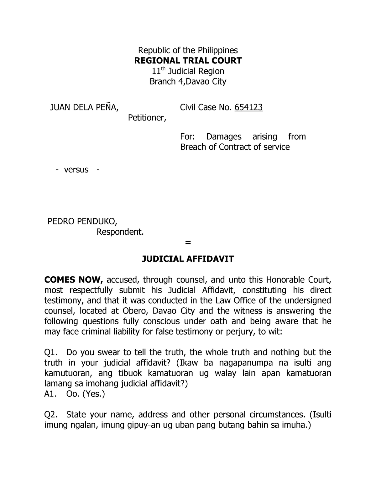 Judicial Affidavit Breach Of Contract Compress Republic Of The Philippines Regional Trial 2517