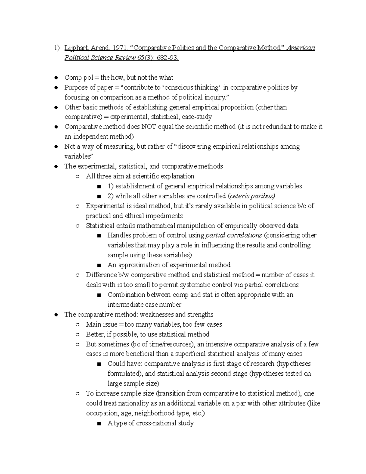 Week 1 Readings - Lecture notes 1-3 - Lijphart, Arend. 1971 ...