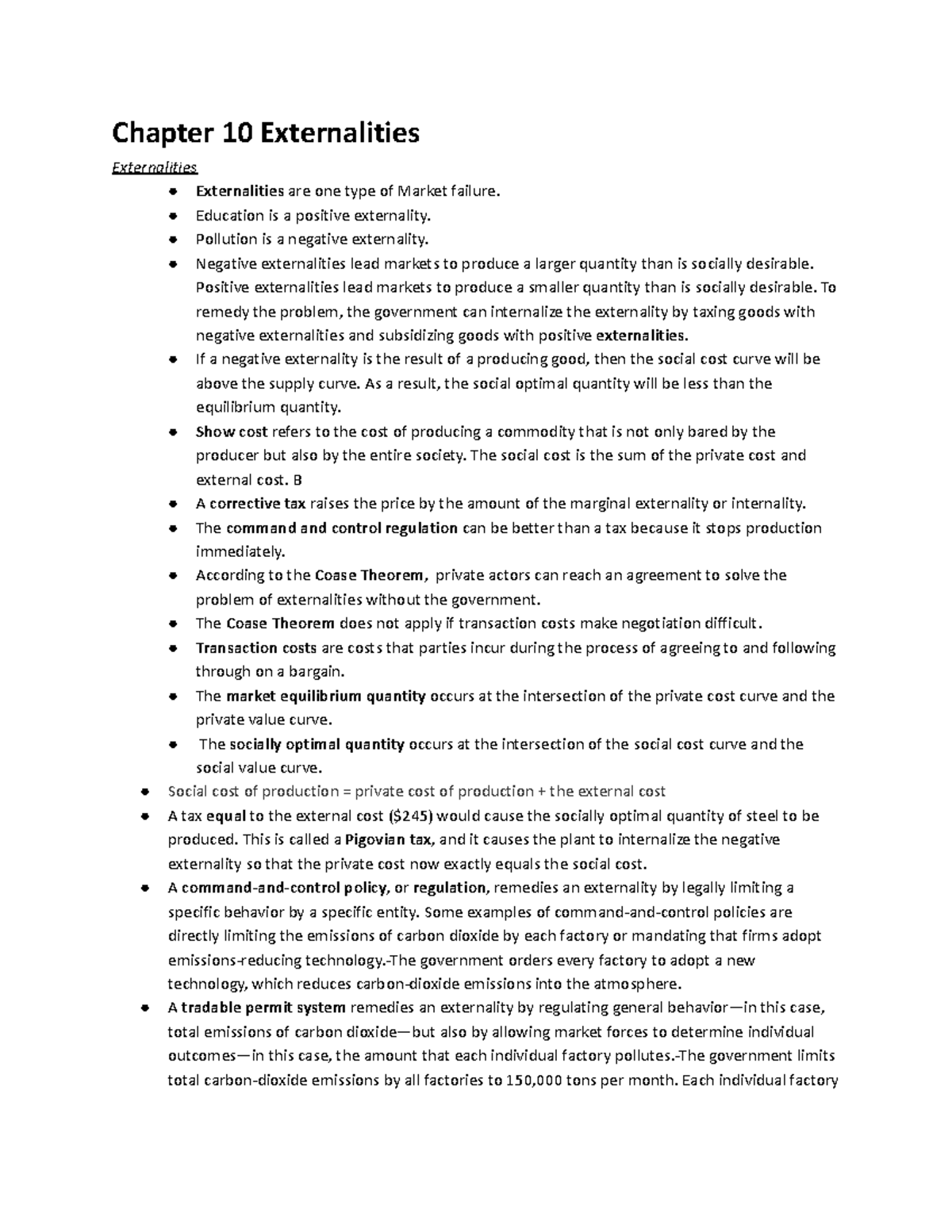 Microeconomics Chapter Notes #10, 13-16, 20 - Chapter 10 Externalities ...