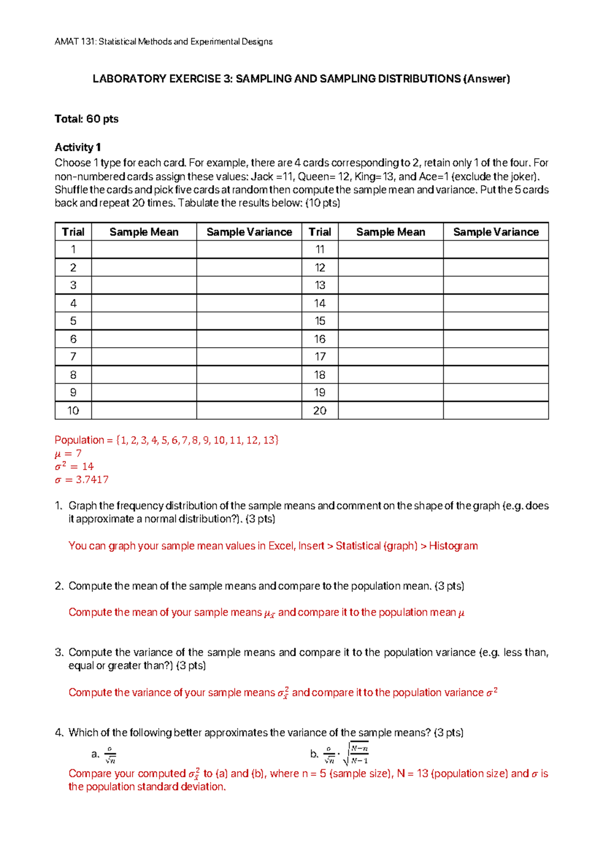 AMAT 131 Lab Exer 3 Sampling AND Sampling Distributions (Answer) - AMAT ...
