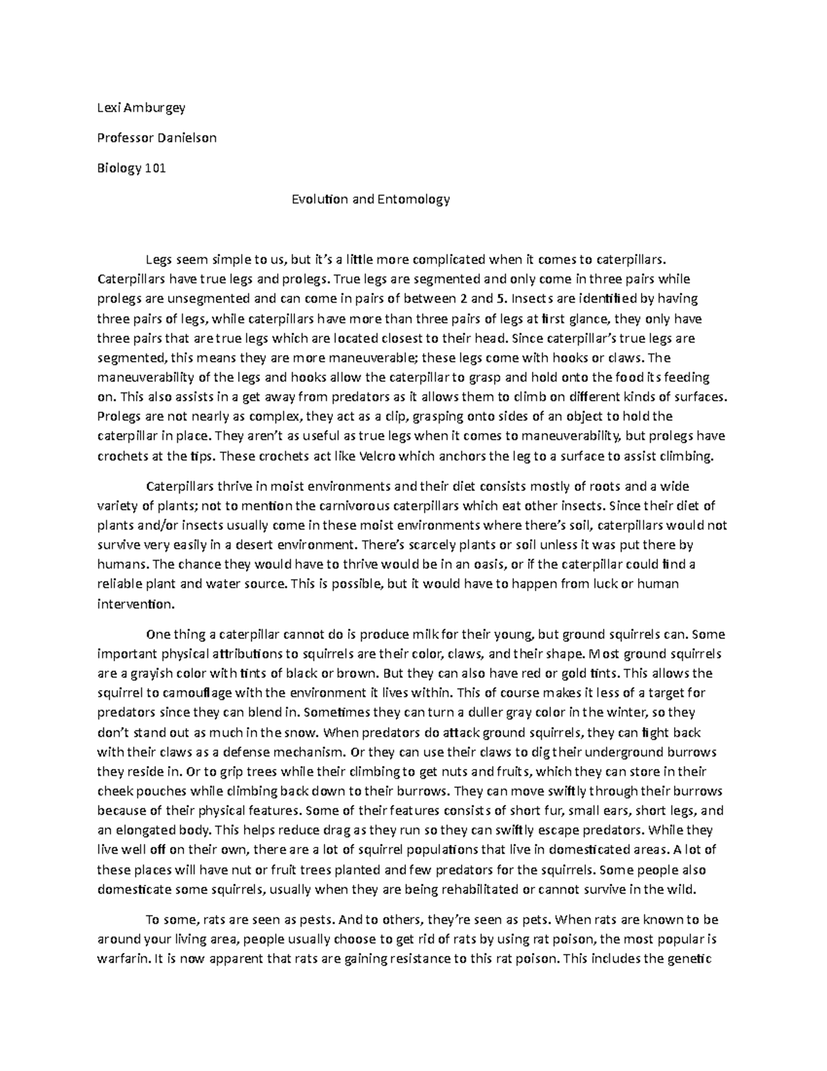 Evolution and entomology essay - Lexi Amburgey Professor Danielson ...