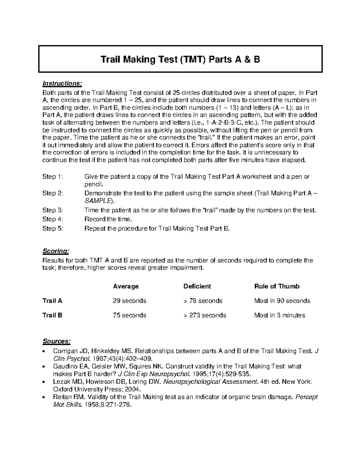 Trail Making - Otros - Trail Making Test (TMT) Parts A & B Instructions ...