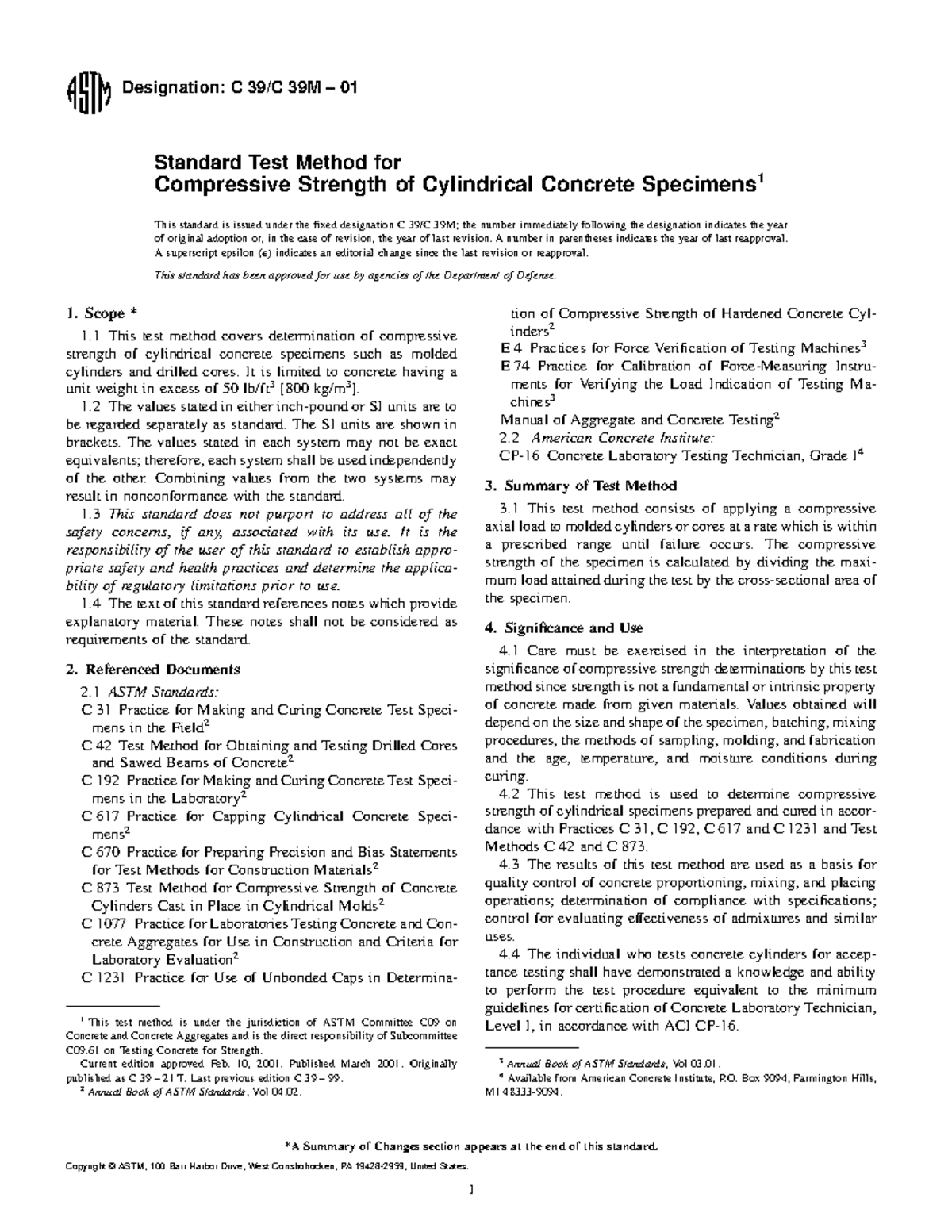 ASTM C 0039 Designation C 39/C 39M 01 Standard Test Method for Compressive Strength of