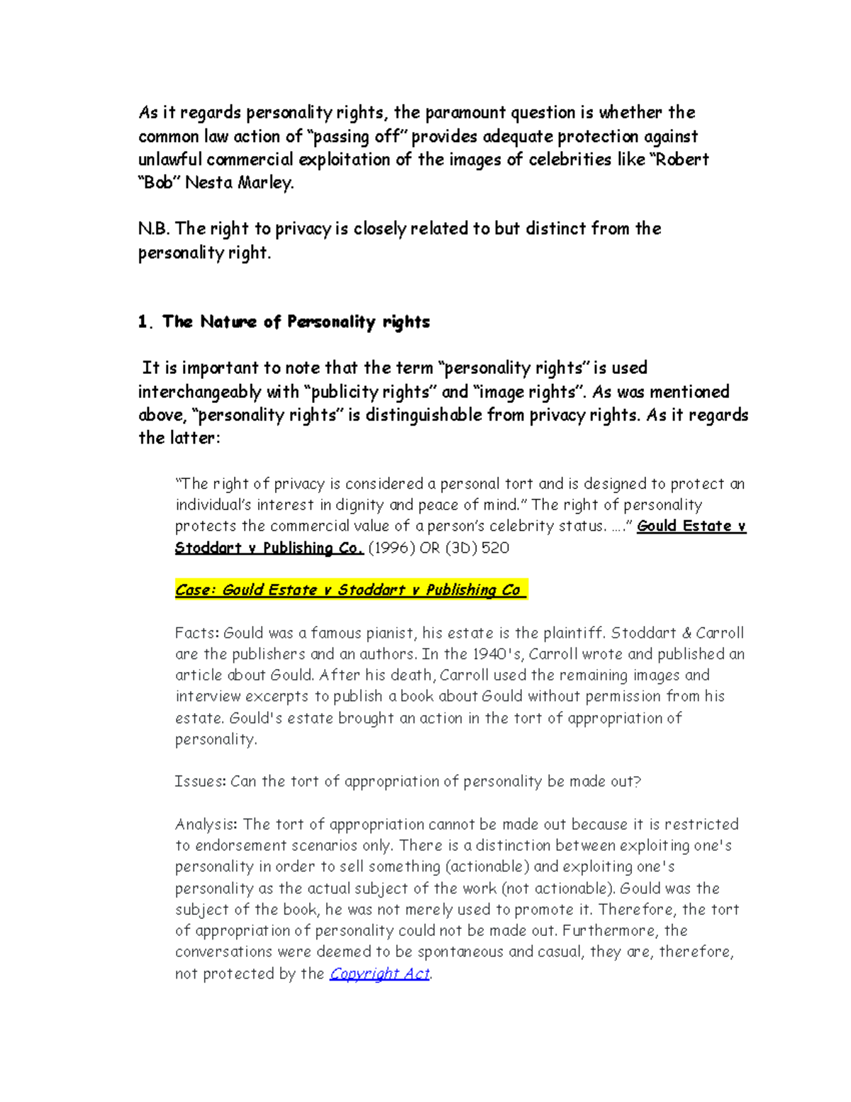 As it regards personality rights - N. The right to privacy is closely ...