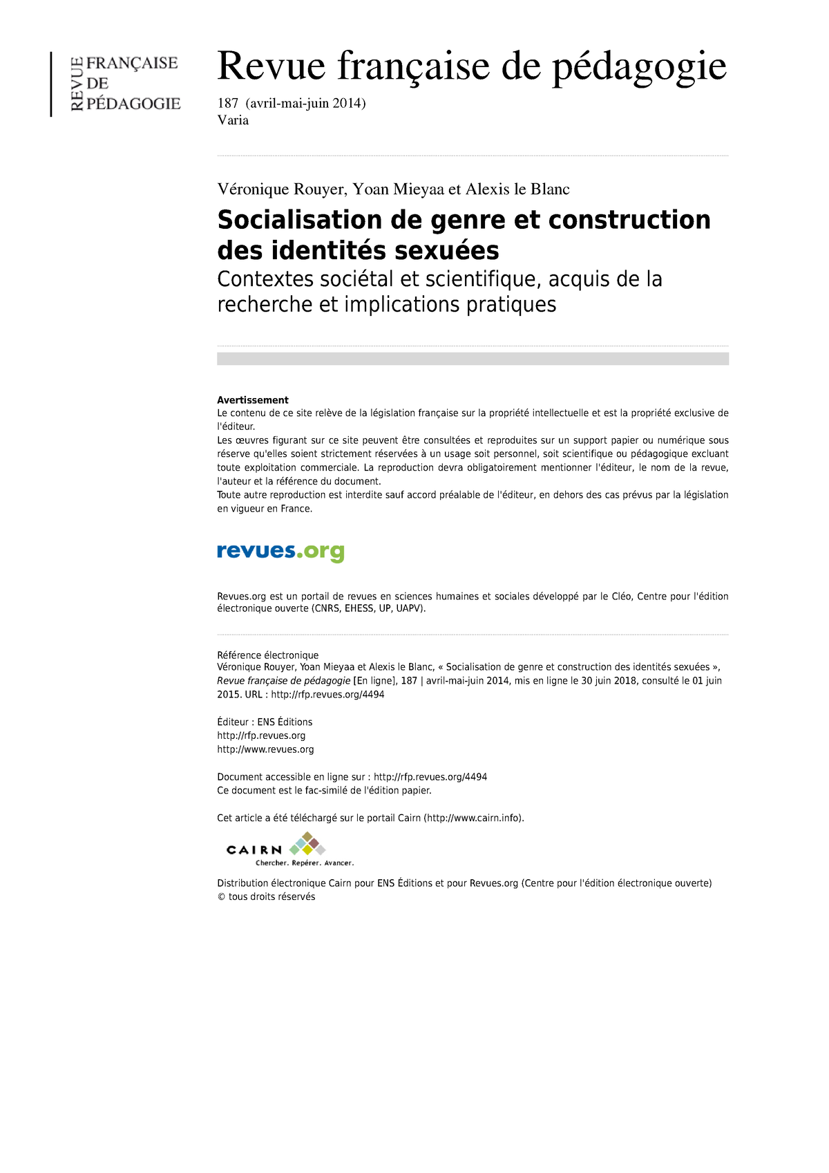 2014 Rouyer Synthèse Socialisation De Genre Et Construction Des Identités Sexuées Revue 