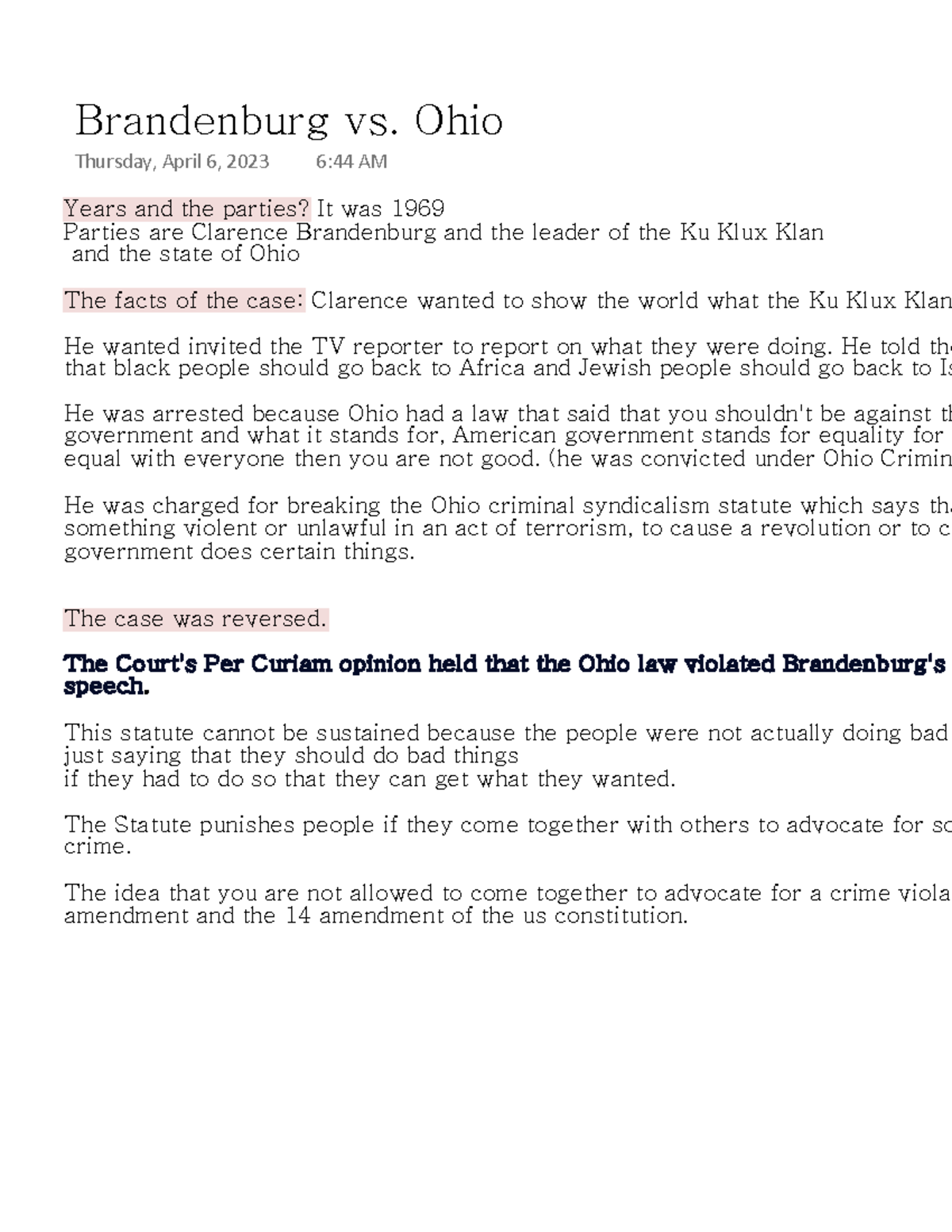 Brandenburg Vs. Ohio - Case Brief - Years And The Parties? It Was 1969 ...