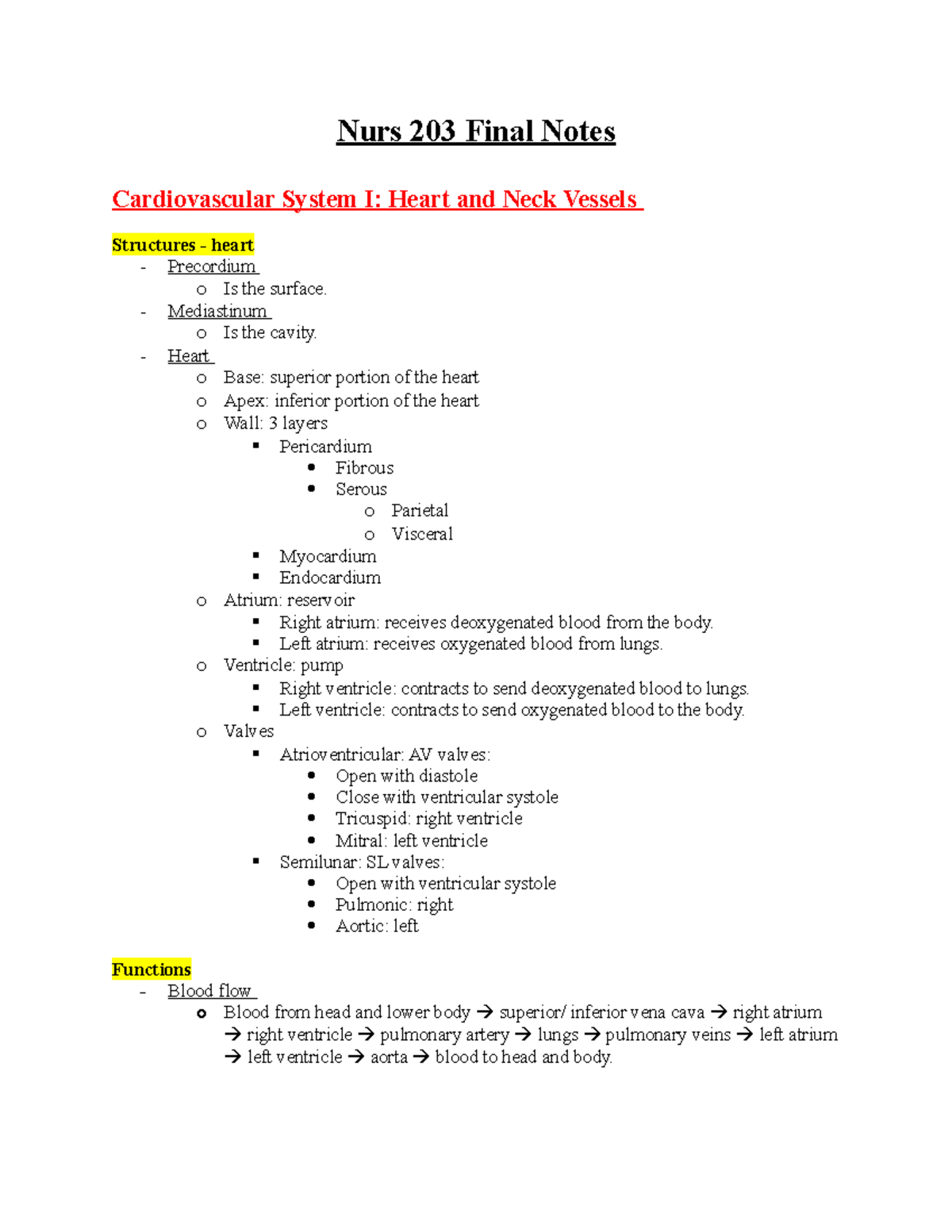 Nurs 203 final document - Nurs 203 Final Notes Cardiovascular System I ...