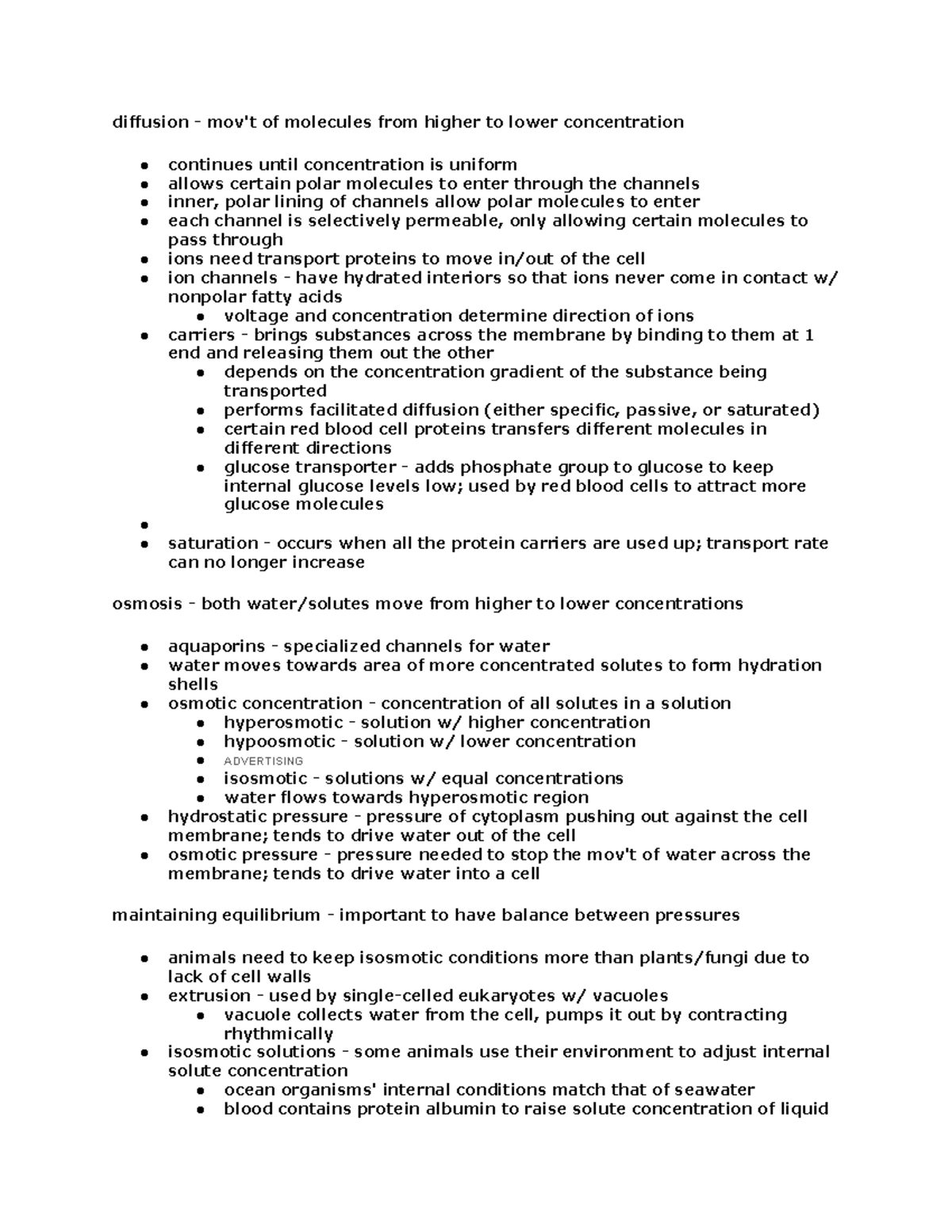 Passive Transport Biology for science majors II, instructor given