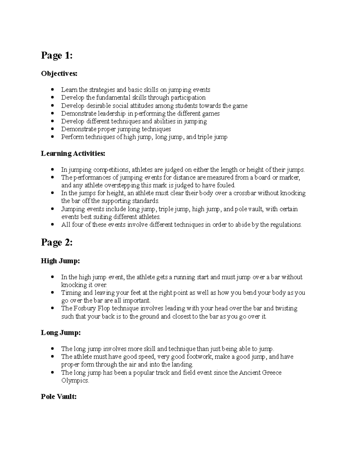 Pathfit Jumping Events - Page 1: Objectives: Learn the strategies and ...