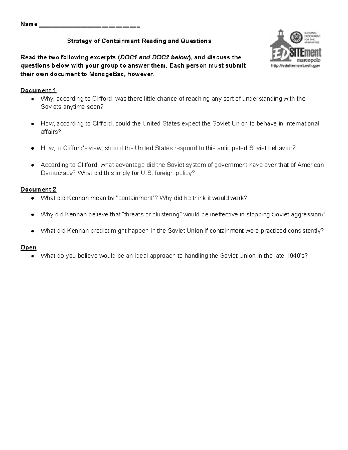 Strategy of Containment Name _____________________________ Strategy