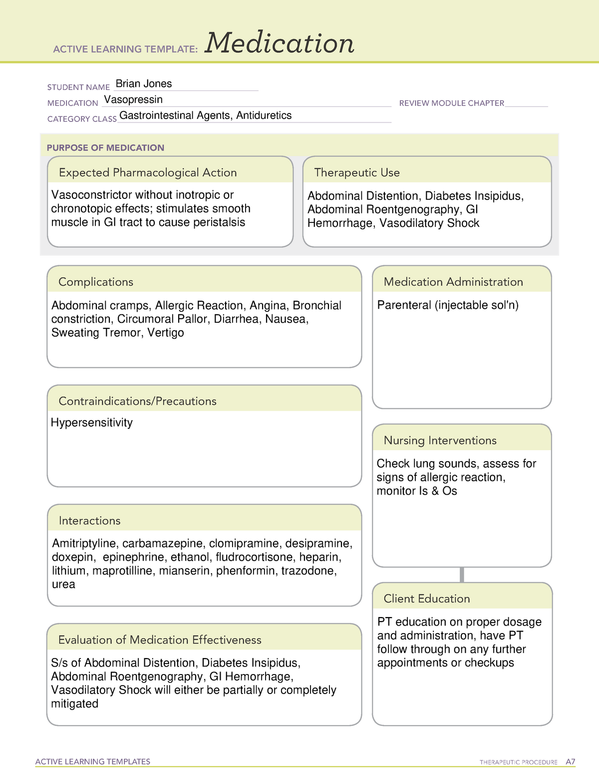 Vasopressin Med Card - ACTIVE LEARNING TEMPLATE: Medication Brian Pertaining To Pharmacology Drug Card Template
