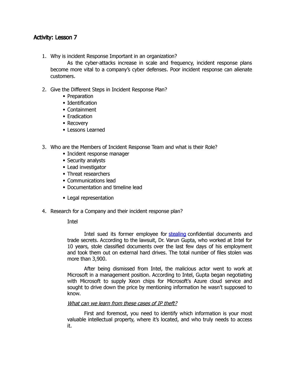 INCIDENT RESPONSE Activity Lesson 7 Why Is Incident Response 