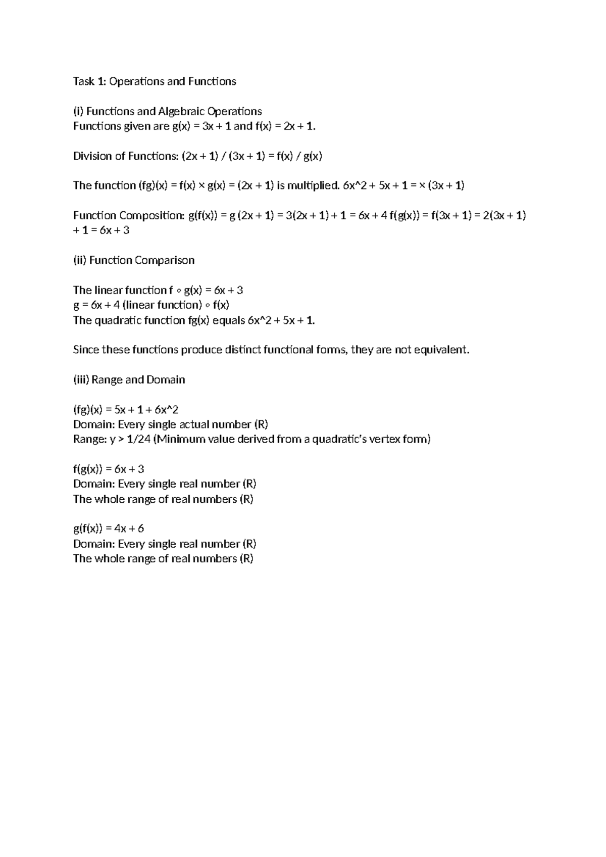 College Algebra Assignment 2 - Task 1: Operations and Functions (i ...