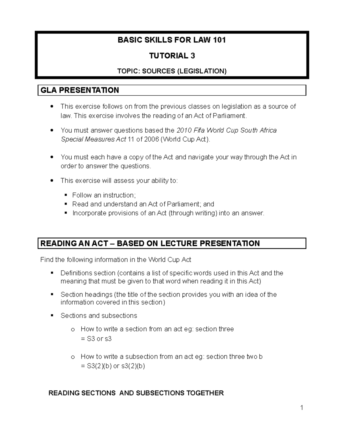 BSL101 TUT 3 - Legislation - 2020 - BASIC SKILLS FOR LAW 101 TUTORIAL 3 ...