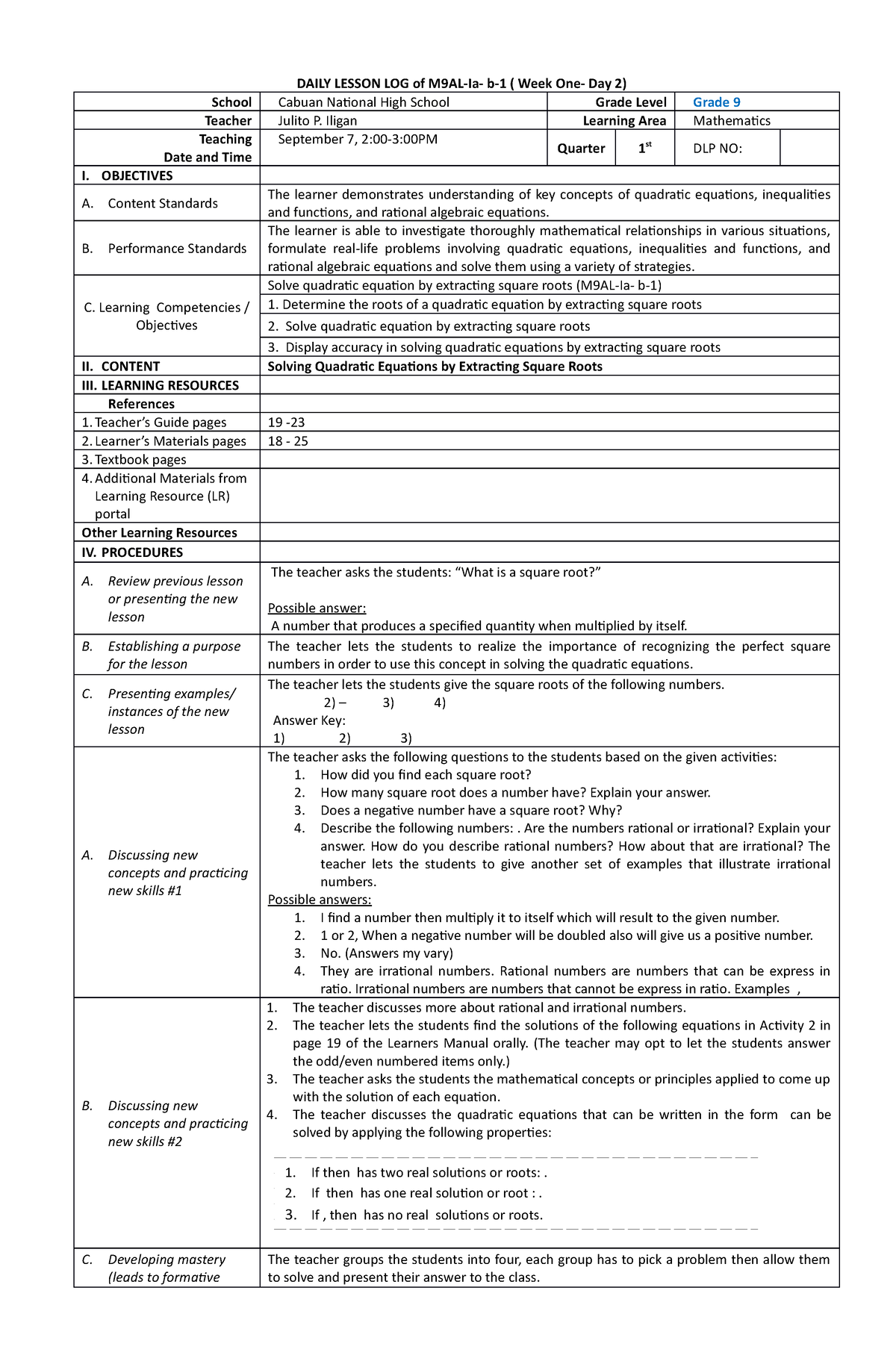 I Day 2 Lesson Plan For Grade 9 First Quarter Daily Lesson Log Of M9al Ia B 1 Week One 4095