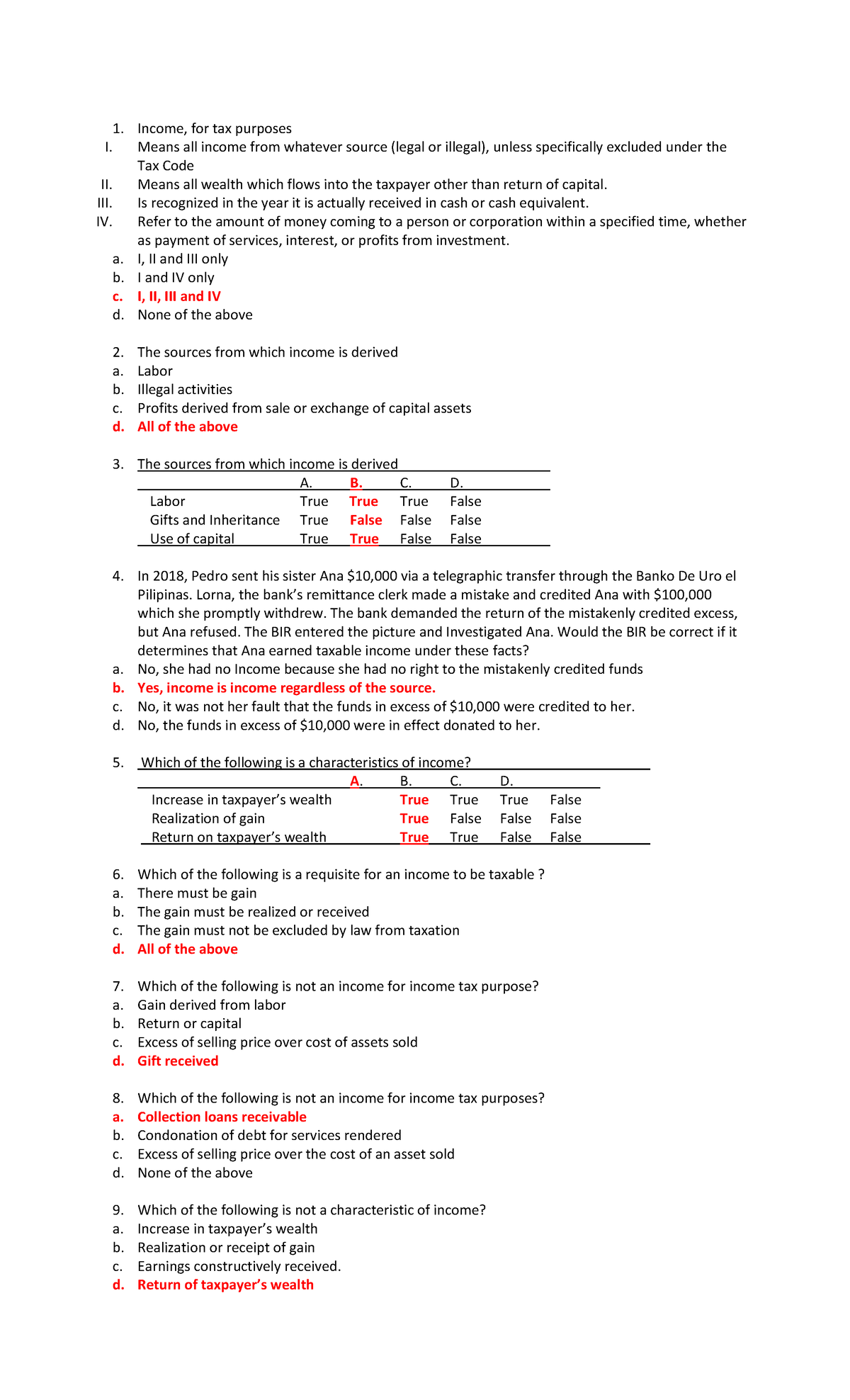 TAX 321- Prelim-QUIZ 2 KEY - Income, for tax purposes I. Means all ...