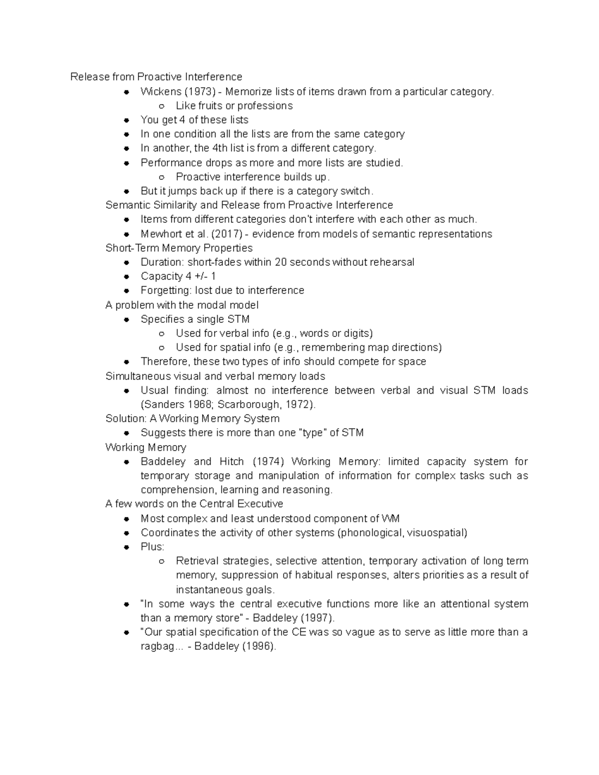 PSY 200 Notes copy - Release from Proactive Interference Wickens (1973 ...
