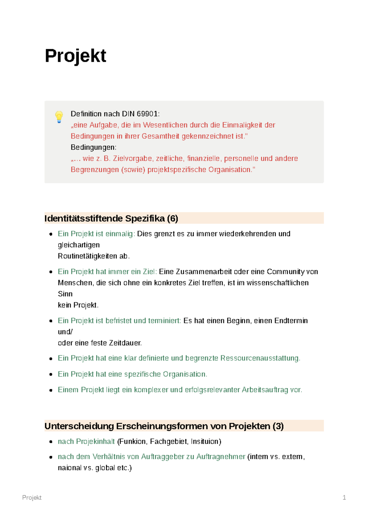 Din 69901 Definition Projekt Zusammenfassung aus Skript Thema Projekt - Projekt 1 Projekt 💡
