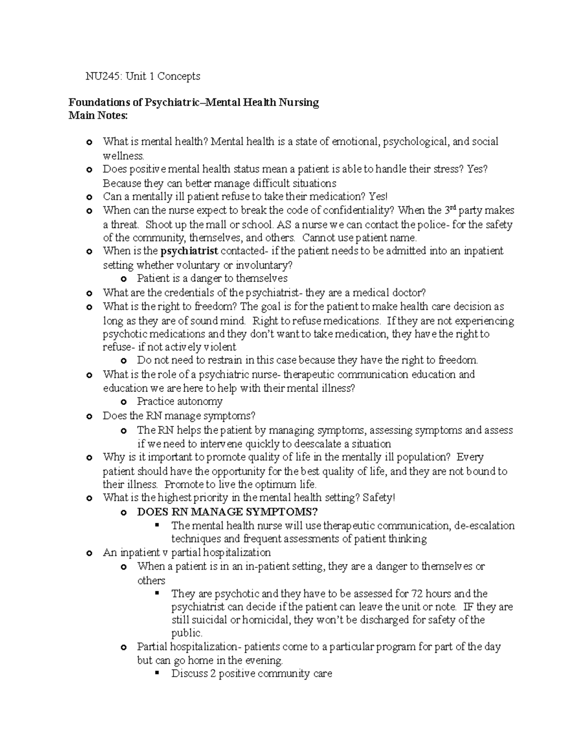 MH Notes Unit 1 - NU245: Unit 1 Concepts Foundations of Psychiatric ...
