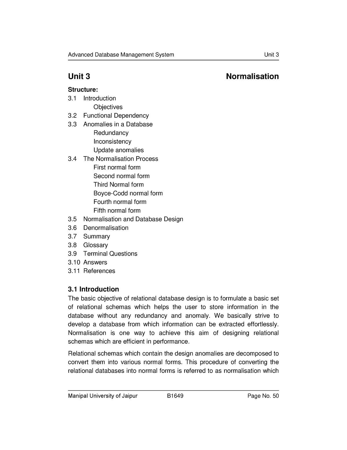 Unit 03 Normalisation - Unit 3 Normalisation Structure: 3 Introduction ...