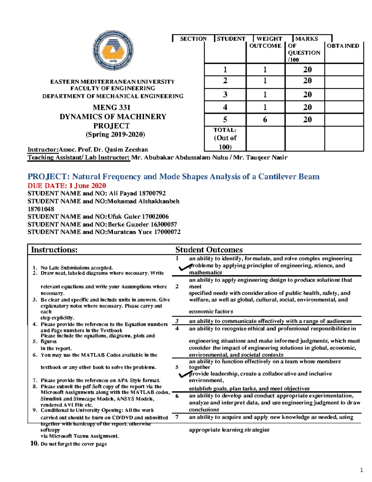 [MENG 331- Project Report- Group NO 4] - SECTION STUDENT WEIGHT MARKS ...