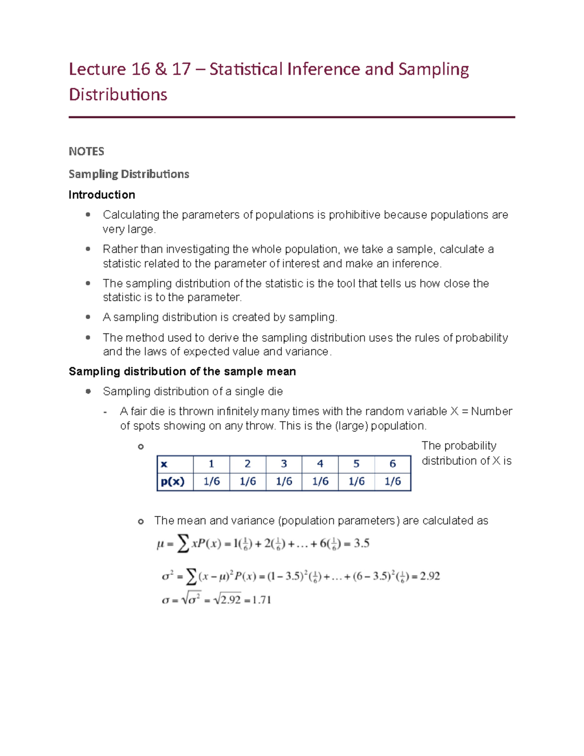 Lecture 16 & 17 - Lecture 16 & 17 – Statistical Inference and Sampling ...
