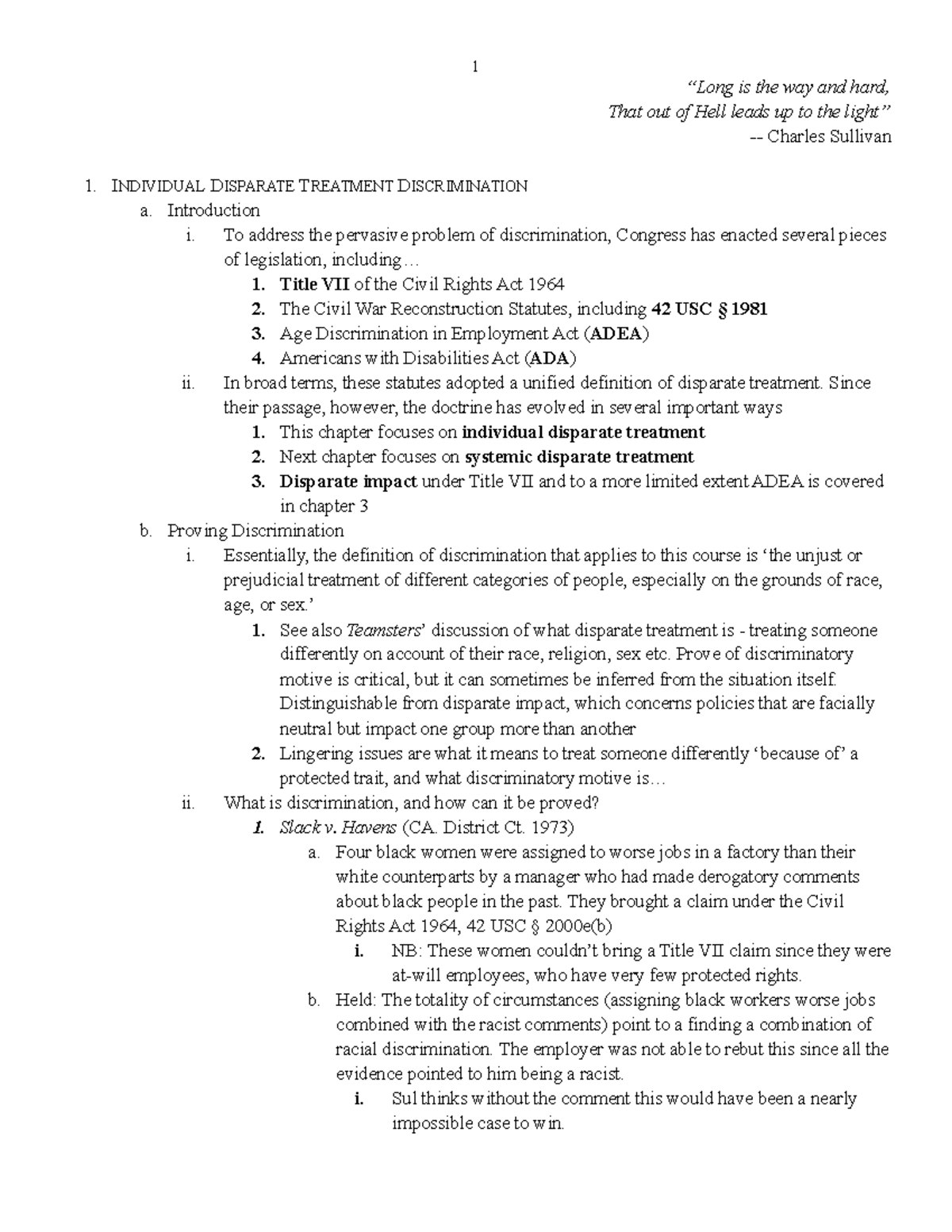 Employment Discrimination Outline Sullivan Spring 2018 - “Long is the ...