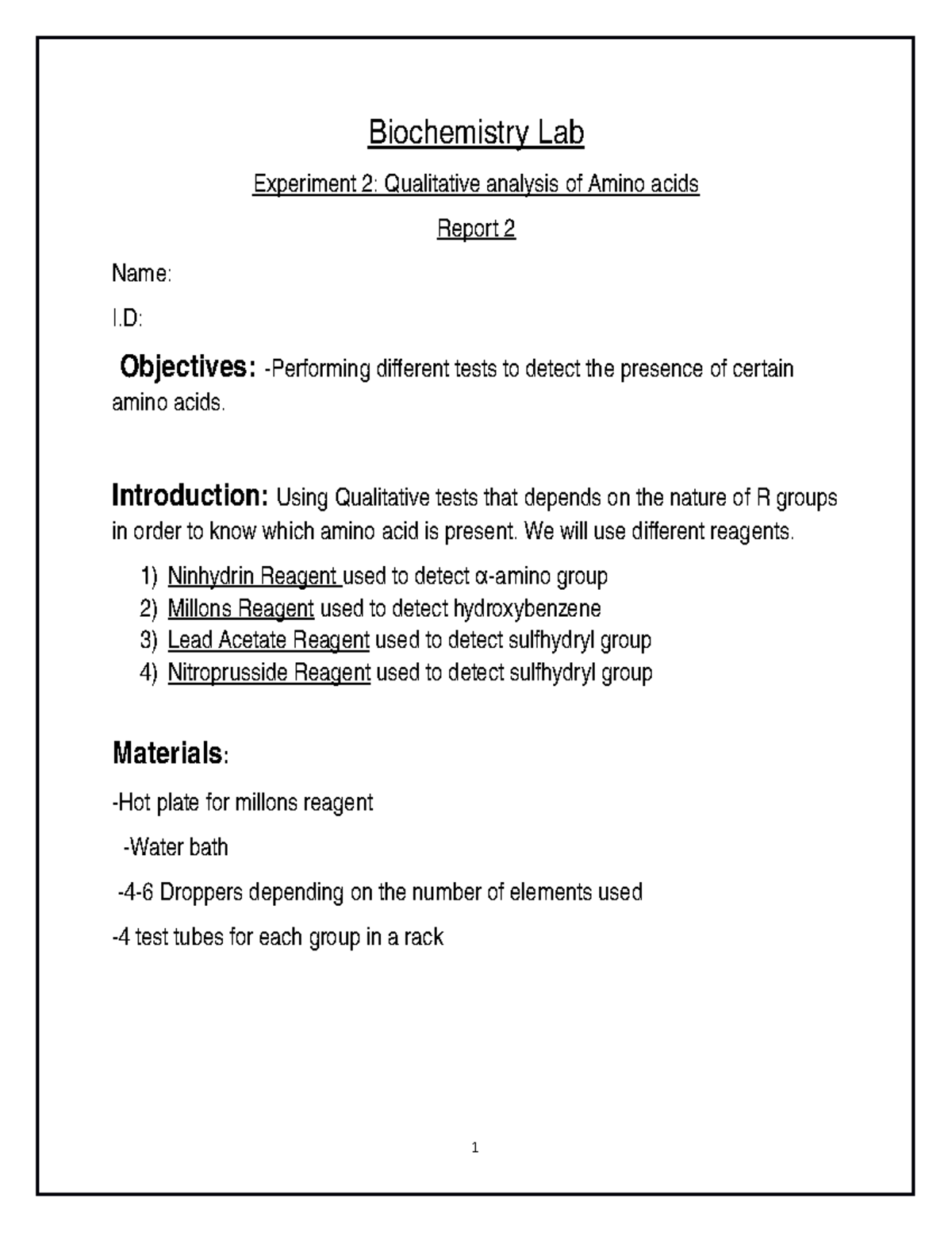 experiment 2 qualitative analysis of amino acids and proteins