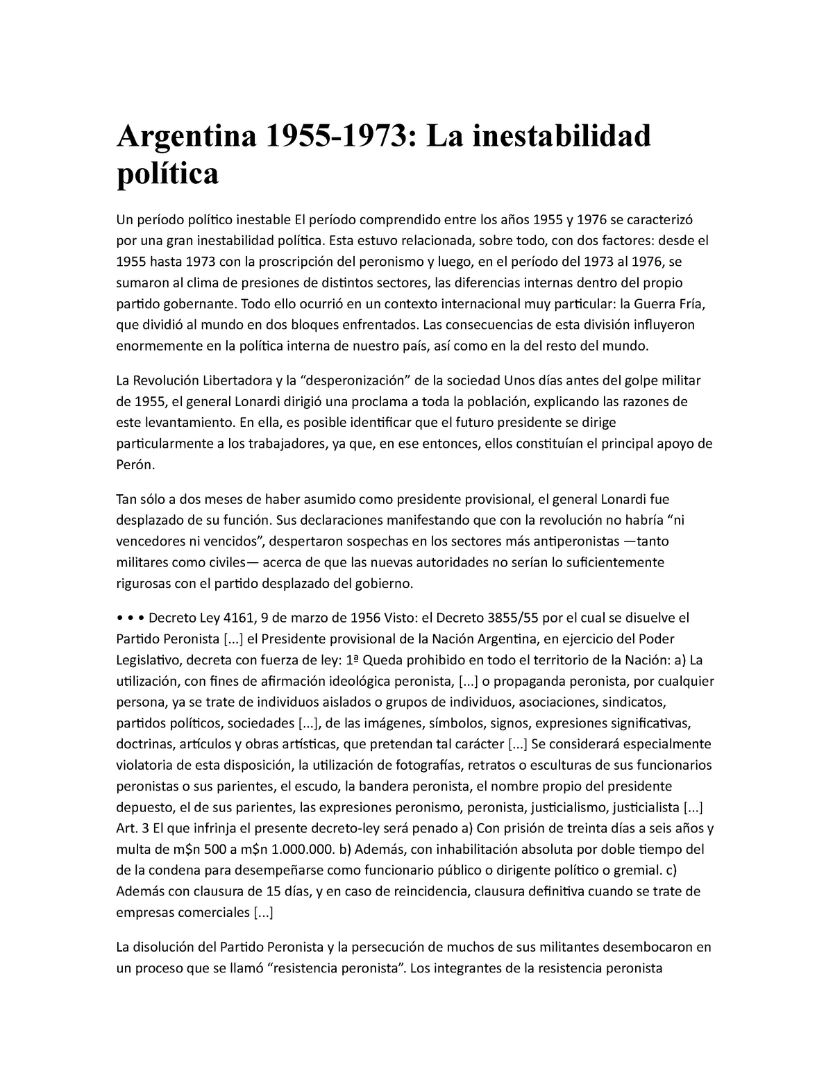 Decreto Ley 4161 Desperonizacion - Argentina 1955 1973 La Inestabilidad Politica Studocu