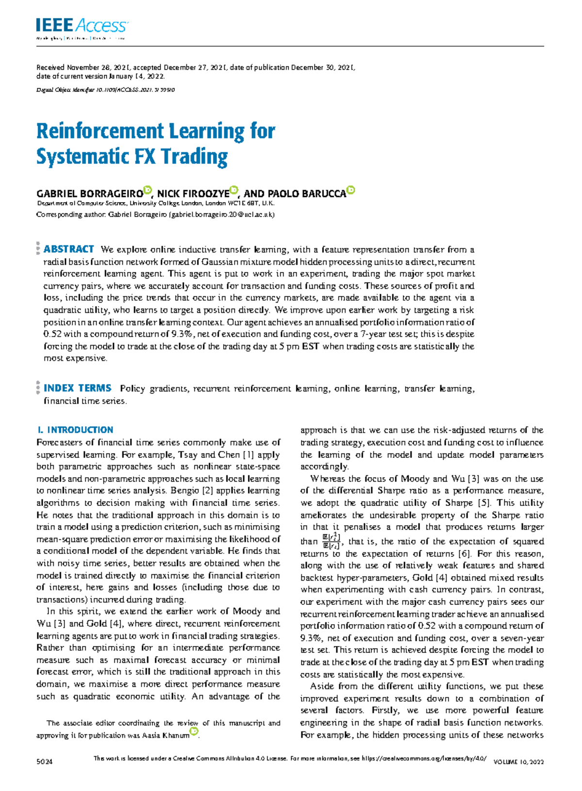 Reinforcement Learning for Systematic FX Trading - Received November 28 ...